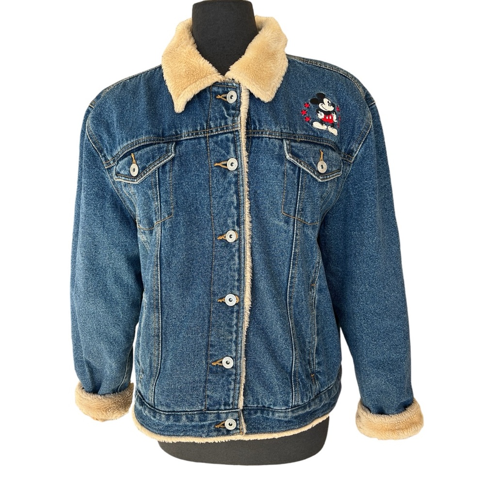 VINTAGE Y2K DISNEY MICKEY MOUSE ATHLETICS DENIM FAUX SHEARLING JACKET SIZE XL